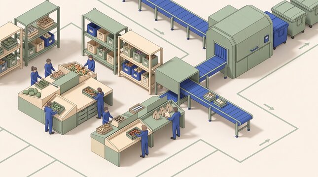 sustainability initiatives, an isometric view of a food-waste reduction center featuring sorting tables