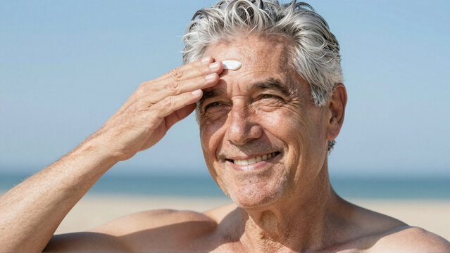 Smiling senior man applying sunscreen to forehead on sunny beach for summer skincare