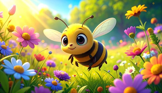 Cute cartoon bee flying over a colorful flower field.