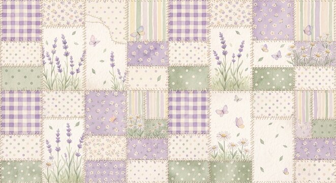 Seamless patchwork pattern with lavender flowers, daisies, butterflies, and polka dot fabric textures in soft pastel purple and green colors