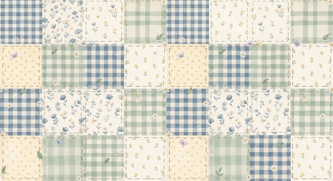 Seamless patchwork pattern with blue and green gingham, floral prints, and delicate daisies on a soft cream background