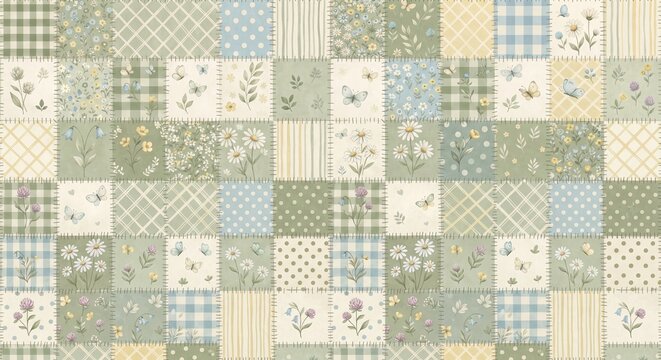 Seamless patchwork pattern with wildflowers, butterflies, and various fabric textures like gingham, stripes, and polka dots in soft colors