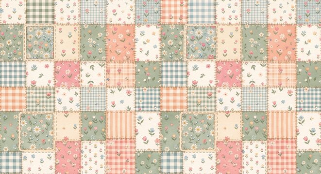 Seamless patchwork pattern with vintage floral fabric squares, gingham and stripes, charming cottagecore aesthetic textile design