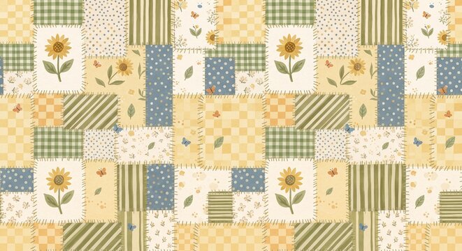 Seamless patchwork pattern with sunflowers, butterflies, and gingham fabric textures in a rustic country cottage style