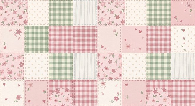 Seamless patchwork pattern with pink flowers, green gingham, polka dots, and stripes, cute cottagecore aesthetic for fabric, wallpaper, or scrapbooking