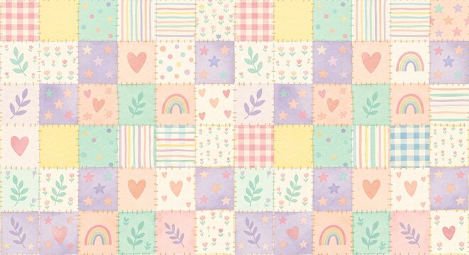 Seamless pattern with cute patchwork quilt squares featuring hearts, rainbows, flowers, leaves, stars, and pastel gingham stripes