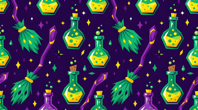 Witch Broom and Magic Potion Bottles Seamless Pattern on Dark Purple Background