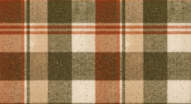 Seamless fabric texture of a classic plaid pattern with warm autumn colors including olive green, burnt orange, and cream beige wool textile