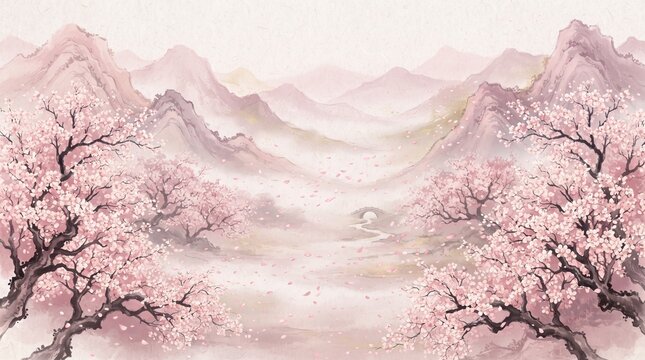 Beautiful traditional chinese landscape painting with blooming pink cherry blossom trees, misty mountains, and a small stone bridge in the distance