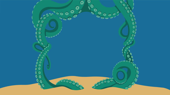 Green octopus tentacles border with sandy seabed in marine flat vector illustration for aquatic restaurant menus and ocean conservation branding