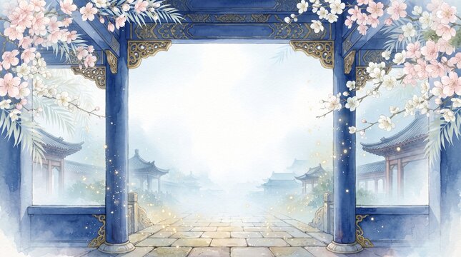 Traditional chinese architecture gate with cherry blossoms and misty garden background, watercolor style illustration of an ancient pavilion