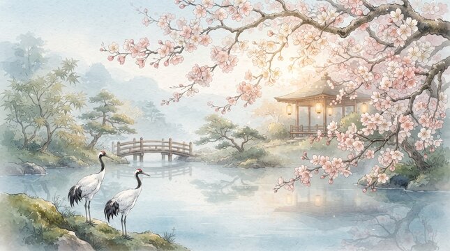 Watercolor painting of a serene japanese garden with cherry blossoms, a wooden bridge, a pagoda, and two cranes standing by a tranquil pond
