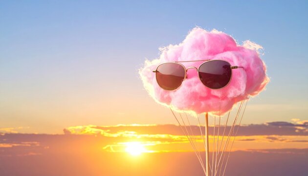 Cute pink cotton candy cloud over sunset horizon
