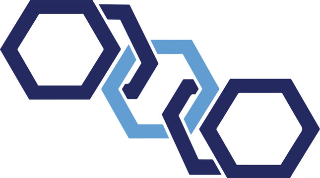 Three interlocking hexagonal rings forming a chain link, representing the lineage and provenance of data, industrial and sturdy mood, navy and white color palette, trace optimized, minimalist