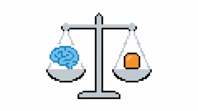 A minimalist scale icon where one side is a brain and the other is a pixel, representing the balance of AI and human governance, fair and judicial mood, trace optimized, minimalist flat vector