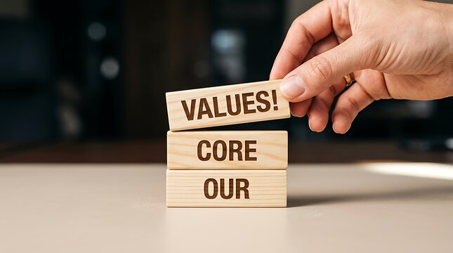 Hand placing wooden block with text our core values for business ethics and corporate culture concept presentation.