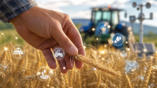 Agriculturist's hand touching wheat in a smart farm, integrating telemetry data and robotics for precision agronomy.