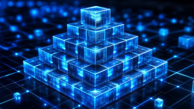 Futuristic translucent hexahedron structure, stacked in a pyramid, representing blockchain ledger hierarchy and database web.