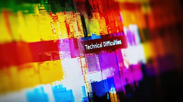 Abstract digital glitch art with the text "Technical Difficulties