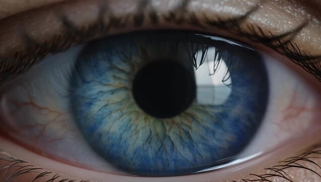Extreme macro close up video of a human blue eye with detailed iris patterns blinking, opening wide, and closing smoothly in front of the lens in natural light.