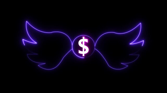 Futuristic glowing neon dollar sign with wings symbolizing financial success. Glowing neon dollar sign with wings animated on a dark black background.