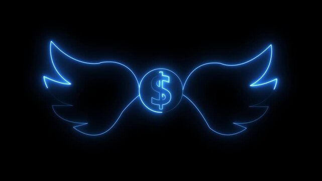 Futuristic glowing neon dollar sign with wings symbolizing financial success. Glowing neon dollar sign with wings animated on a dark black background.