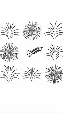 Minimalist hand-drawn fireworks and rocket doodles