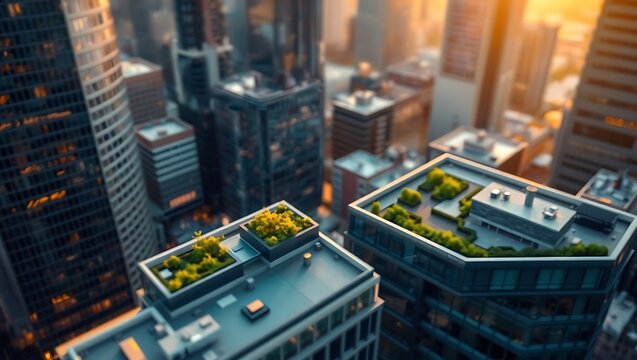 aerial view of green rooftop gardens on city skyscrapers