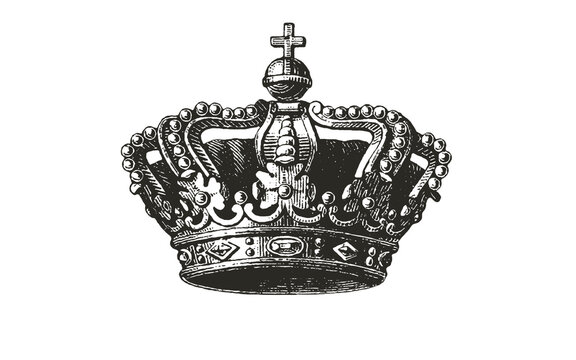 Vintage royal crown engraving, antique monarch headpiece illustration, ornate black and white imperial crown on white background