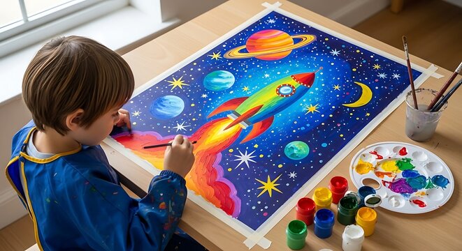 Young boy painting a colorful rocket ship in outer space on a large paper