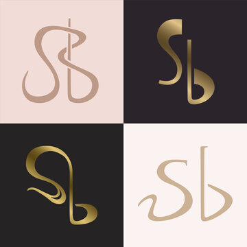 SB monogram in Art Deco style. New Age lettermark logo with intertwined letters in gold and beige colors 