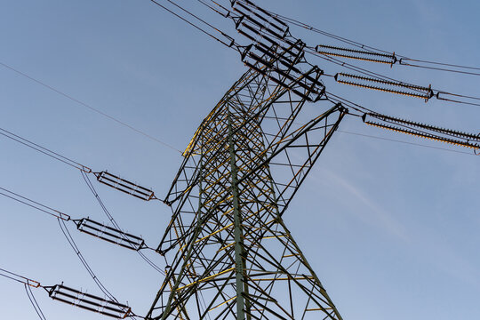 Electricity transmission system with steel tower framework.