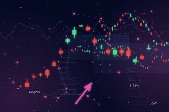 Financial stock market candlestick chart with neon trend lines and digital data visualization on a dark purple background
