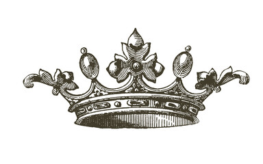Vintage royal crown engraving, antique heraldic tiara illustration, ornate monarch headpiece sketch for luxury branding © Basit