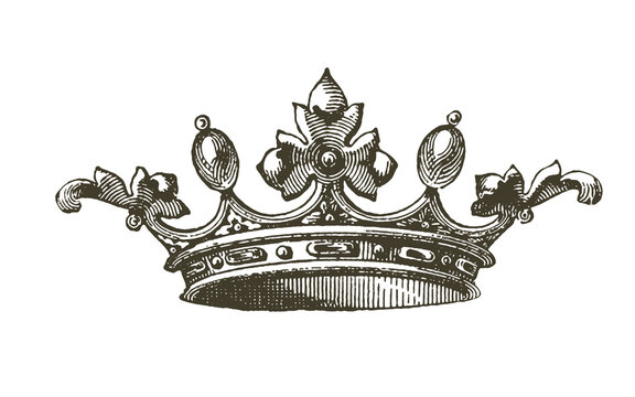 Vintage royal crown engraving, antique heraldic tiara illustration, ornate monarch headpiece sketch for luxury branding