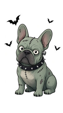 Spooky Zombie Frankenstein French Bulldog with Flying Bats