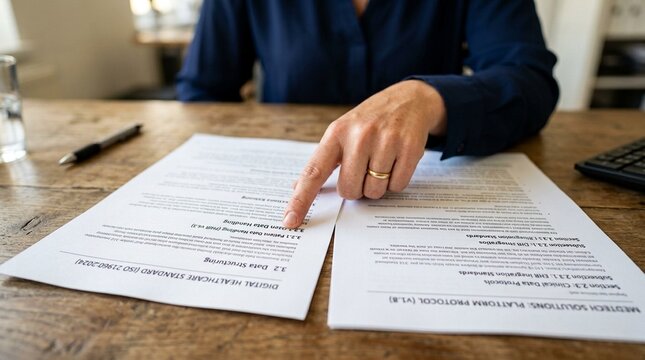 Hand comparing a printed digital healthcare standard to a platform protocol document - Digital Healthcare Technology Concept