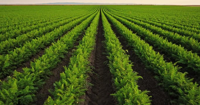 Wide perspective shot pulling back from rows of young carrots growing in a vast agricultural field, revealing the landscape and sky