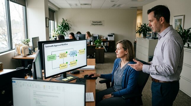 Telehealth office with a monitor showing an approval workflow - Telehealth & Virtual Healthcare Technology Concept