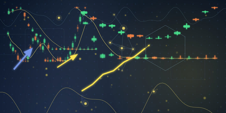 Financial stock market data visualization chart with neon growth arrows