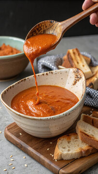 Photorealistic flowing romesco with roasted pepper, almonds, olive oil, paprika, bread and Spanish accents in vertical styling