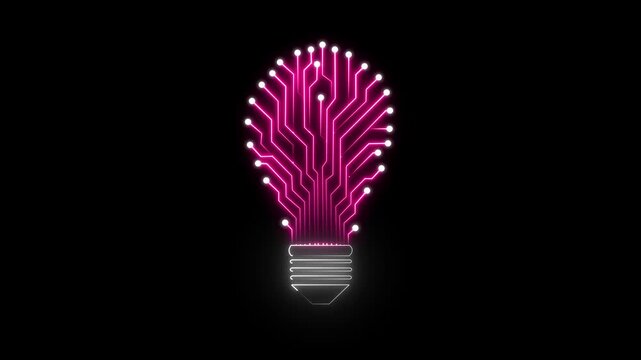 Lightbulb with circuit lines radiating from it, symbolizing innovation and technology in the business world. neon light bulb, neon line idea icon animation