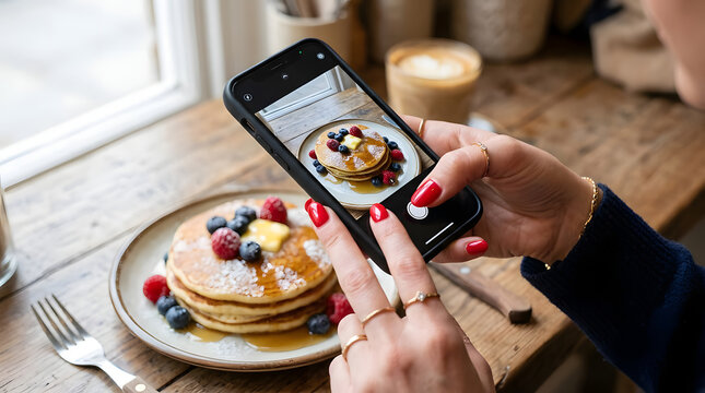 Woman Photographing Pancake Breakfast With Berries And Coffee On Wooden Table Using Smartphone