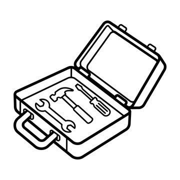 Modern vector line art icon of an open maintenance toolbox containing a wrench hammer and screwdriver with maintenance tools construction tools repair service technical support vector illustration