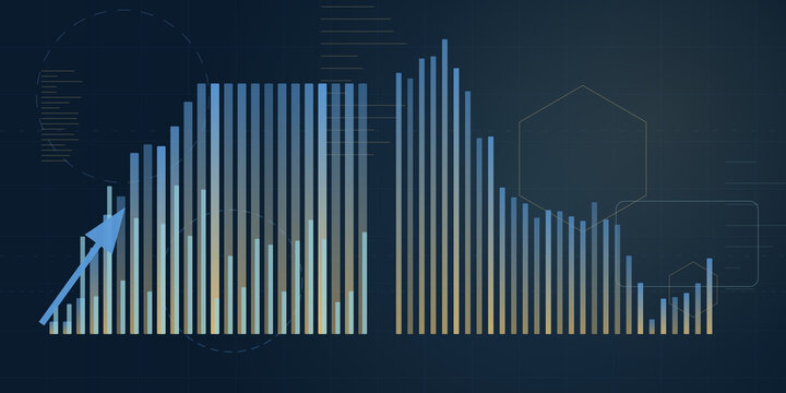 Bar chart with upward arrow and abstract geometric shapes on dark blue background