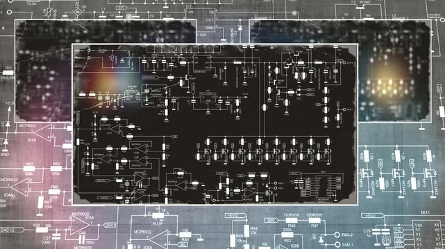 Video animation with schematic diagram of 
electronic device. Drawing electrical circuit 
with resistor, transistor, diode, coil, 
operational amplifier, logic element.
Animated effect, screensaver. 