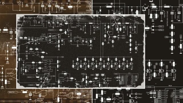 Video animation with schematic diagram of 
electronic device. Drawing electrical circuit 
with resistor, transistor, diode, coil, 
operational amplifier, logic element.
Animated effect, screensaver. 