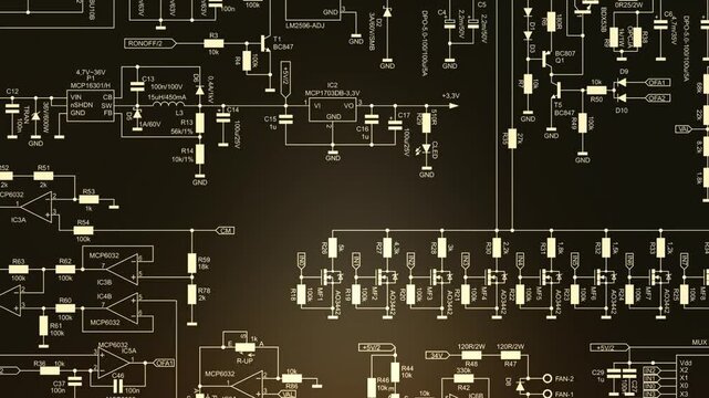 Video animation with schematic diagram of 
electronic device. Drawing electrical circuit 
with resistor, transistor, diode, coil, 
operational amplifier, logic element.
Animated effect, screensaver. 