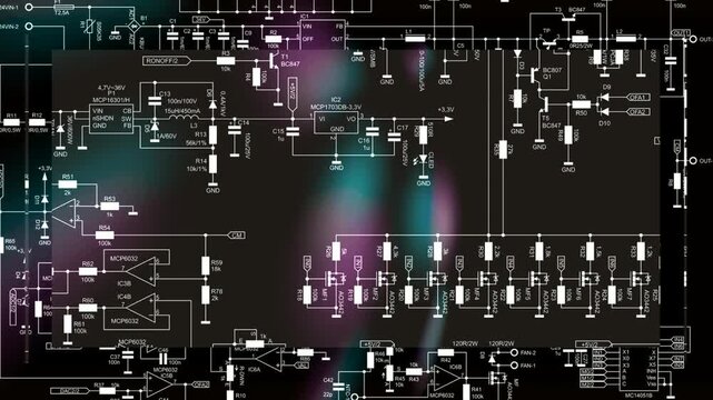 Video animation with schematic diagram of 
electronic device. Drawing electrical circuit 
with resistor, transistor, diode, coil, 
operational amplifier, logic element.
Animated effect, screensaver. 