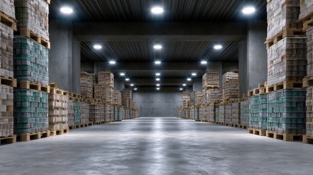 Vast Warehouse Interior with Stacked Pallets of Goods and Bright Ceiling Lights Creating an Industrial Atmosphere in a Commercial Storage Space